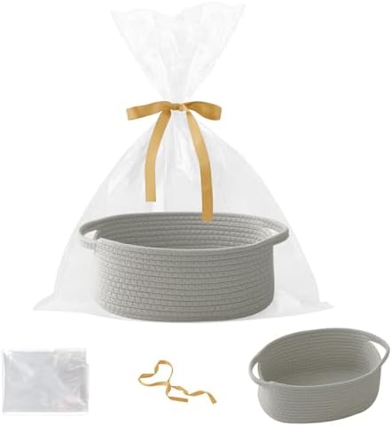 Woven Rope Basket - Baby Gift Basket with Bag & Ribbon, Grey by HZFTJOY