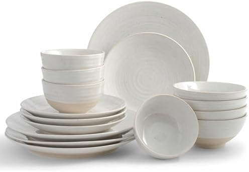 Sango Siterra 16-Piece Rustic White Stoneware Dinnerware Set – Service for 4, White with Glossy Speckle Overlay, for Everyday Dining & Entertainment, Microwave & Dishwasher Safe by Sango