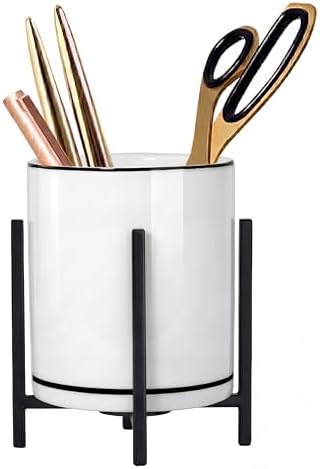 Ceramic Pencil Cup for Desk, White and Black Pen Holder for Desk, Desktop Makeup Brush Holder, Black Ceramic Pencil Holder by MONOSUGO