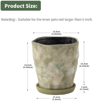 6 Inch Ceramic Planter Set of 2 with Drainage Hole and Saucer for Plants, Indoor-Outdoor Large Irregular Succulent Orchid Flower Pot- Cement Paint, Inner-pots not Larger Than 5 Inch - Image 3