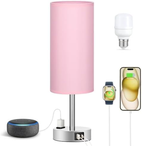 Fenmzee Pink Bedside Lamp for Bedroom, Dimmable Touch, USB A+C, AC Outlet - Image 6