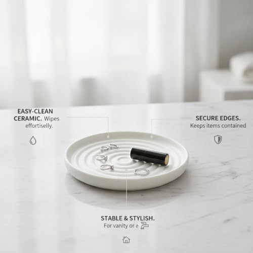 Ceramic Jewelry Tray with Water Ripple Texture, Small Catchall Dish for Rings & Earrings, Vanity Organizer for Bathroom or Dresser (White) - Image 4