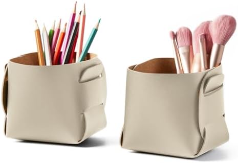 HOMIEAZICOZI 2-Pack Cork Leather Makeup Brush Holder Organizer - Desk Accessories Storage - Pencil Pen Holder - Stylish Addition to Home Decor (Beige) by HOMIEAZICOZI