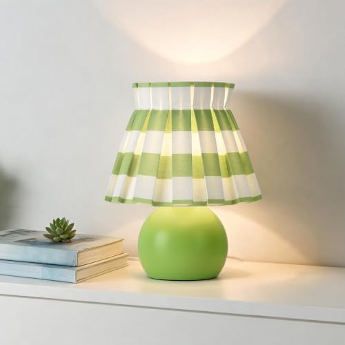 Ziqqeelam Green White Plaid Small Bedside Table Lamp, Round Green Base Nightstand Lamp, Cute Mini Table Lamp with Pleated Shade for Bedroom, Kitchen Counter, Bookshelf, Living Room, Kids Dorm by Unknown