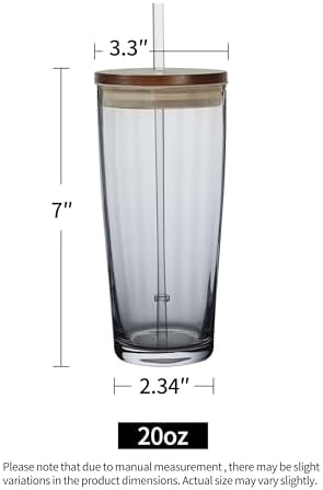 NIRA.Z Glass Tumbler with Lid and Straw 20oz, Aesthetic Ribbed Drinking Glass Cup, Gray Iced Coffee Cup with Wooden Lid, Reusable Straw Glass - Image 3