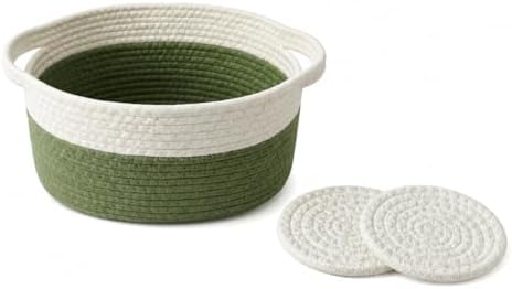 Small Cotton Rope Basket - White Woven Storage Basket with Handles, Desktop Organizer for Keys, Remotes, Makeup, Soft Decorative Bin for Bathroom, Office Shelf (White/Green) - Image 4