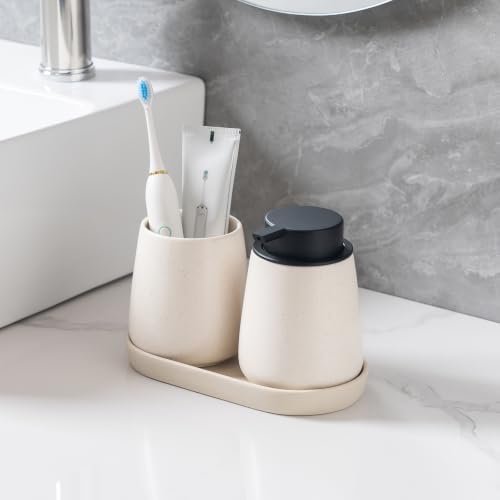 Matte Beige Round Soap Dispenser Tray - 8'' Ceramic Vanity Tray for Bathroom Decorative, Jewelry Ring Dish, Comestic Holder, Kitchen Sink Countertop Organizer Plate - Image 3
