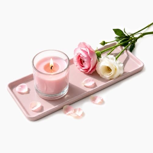 10″ x 3.5″ Ceramic Bathroom Vanity Tray, Rectangular Decorative Countertop Tray for Bathroom Kitchen, Ceramic Organizer Tray for Perfume, Candle, Jewelry, Cosmetics, Soap Dispenser, Pink by BLESWIN
