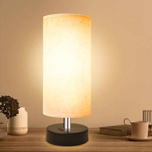 DEGNJU Bedside Table Lamp, Mini Minimalist, Round Flaxen Fabric Shade by DEGNJU