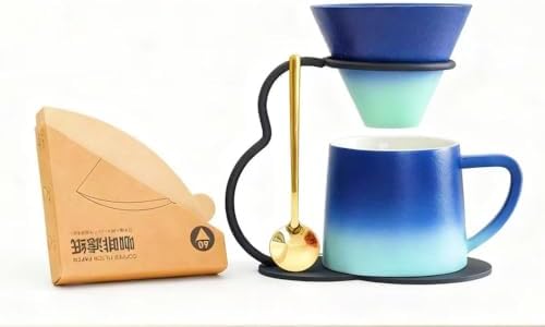 Pour Over Coffee Maker set,Ceramic Coffee Maker With V60 40 pcs Paper Filter，Metal Stand 9oz 270ml mug Pour Over Coffee Dripper blue by chooguang