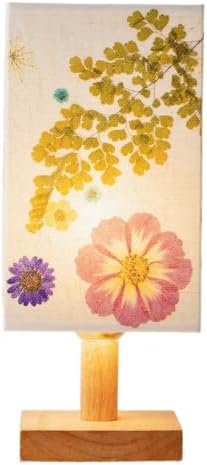 Dried Flowers Table Lamp 5W LED 3Color Temperatures Pressed Flower Bedside Lamp Square Linen Shade with Wood Base for Bedroom Living Room by Floresita