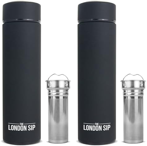 the London Sip Multi-Purpose Travel Mug and Tumbler Fruit Infused Flask Hot and Cold Double Wall Stainless Steel Thermos with Extra-Long Infuser, Zen Black, Pack of 2 by TheLondonSip