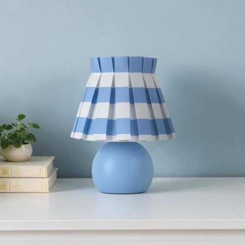 Ziqqeelam Blue White Plaid Small Bedside Table Lamp, Round Blue Base Nightstand Lamp, Cute Mini Table Lamp with Pleated Shade for Bedroom, Kitchen Counter, Bookshelf, Living Room, Kids Dorm by Unknown