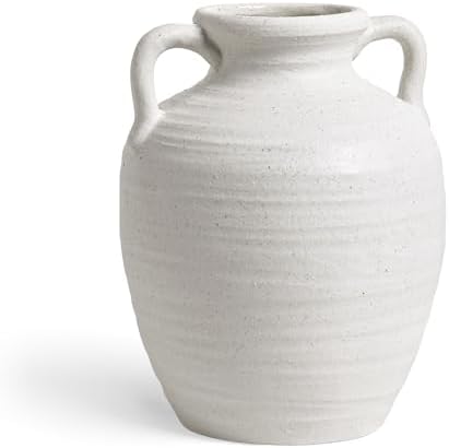 White Ceramic Vase with Handles, 9.5Inch, Farmhouse Rustic, Sandstone White - Image 6