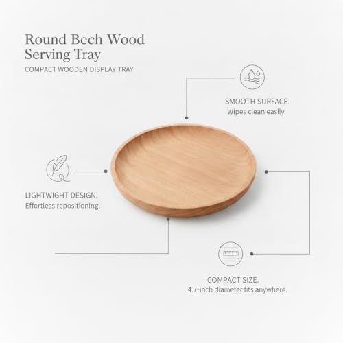 Small Round Beech Wood Tray for Coffee, Snacks, and Desk Organization - Compact Wooden Serving Platter for Nightstand or Entryway - Image 4