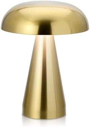 Brushed Gold Mushroom Table Lamp, Cordless Rechargeable LED Metal Lamp, Tap Touch 3-Color Modes Changing Light, Small Portable Accent Lamp for House, Restaurant, Hotel, Bars, Travel, Emergencies by Unknown