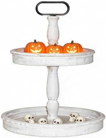 Krismax Decorative Trays - Two Tiered Tray Stand Rustic Tiered Tray Decor 2 Tiered Tray Serving Tray Seasonal & Holiday Decoration Wooden Tray for Coffee Table Farmhouse Display Stand Tray by Home