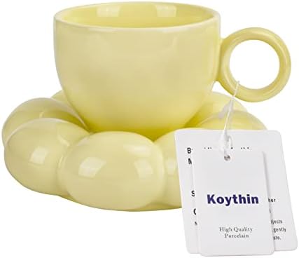 Koythin Ceramic Coffee Mug with Saucer Set, Creative Cute Cup with Sunflower Coaster for Office and Home, Dishwasher and Microwave Safe, 6.5 oz/200 ml for Tea Latte Milk (Lemon Yellow) by Koythin