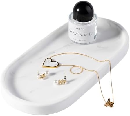 Koville White Marble Oval Tray for Bathroom Countertop, 10" x 5" Natural Marble Vanity Trays, Stone Perfume Organizer Tray for Decor, Jewelry Dish Perfume Trays for Dresser by Koville