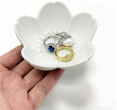 Ceramic Jewelry Dish, White Small Jewelry Bowl, Flower Ring Dsih Decorative Jewlery Tray, Cute Trinket Tray Jewelry Holder for Bathroom Nightstand, Friendship Birthday Gifts for Women Mom - Image 3