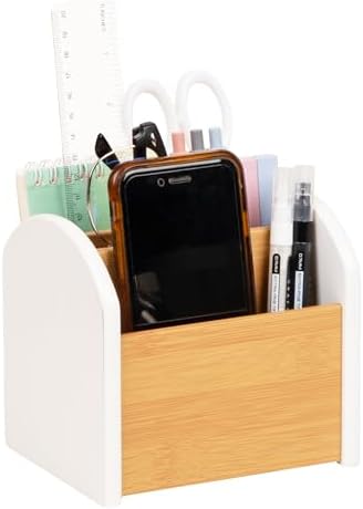 Mind Reader Desktop Organizer with 3 Compartments, Natural Wood and Matte Finish Sides, Compact Desk Storage, Wood, White by MindReader