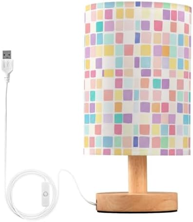 Pastel Checkered Rainbow Mosaic Bedside Table Lamps with USB Port for Bedroom Lamp Table Lamp Small Nightstand Lamp Sturdy Linen Shade Wooden Decorative Lamps for Home Dorm Office Living Room by Fustylead