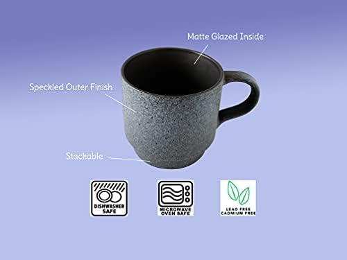 14oz Stackable Ceramic Coffee Mugs with Metal Rack, Assorted Colors - Set of 4 Space Saving Durable Stacking Cups with Speckled Finish - Image 4