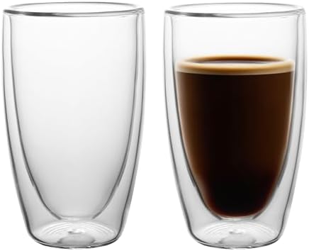 NIRA.Z 2 Pack 16oz Double Wall Glass Coffee Mugs, No Hole Bottom, Insulated Borosilicate Glass Coffee Cups, Clear Mugs for Hot & Cold Beverages, Perfect for Espresso, Latte, Tea, Cappuccino by NIRAZ