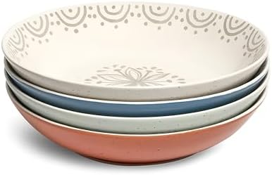 Sango 4-Piece Speckled Stoneware Pasta Bowl Set- Wide Shallow Dinner Bowls with Hand-Painted Rustic Design, Farmhouse Glossy Large Ceramic Bowls for Pasta, Salad & Everyday Meal, Siterra Glazed Garden by Sango