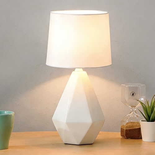 SOTTAE Modern Small Ceramic Table Lamp, White Irregular Geometric Bedside Table lamp for Bedroom,Nightstand Lamps with White Fabric Shade, Small Lamp for Kitchen Living Room by SOTTAE