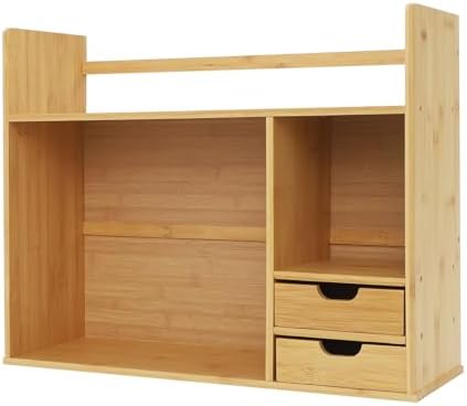 Bamboo Desk Organizer and Shelf Unit, 2-Tier Desktop Bookshelf with 2 Drawers, Sturdy Natural Tabletop Storage for Office Home Students, Space Saver, 22.83 * 18.11in, Holds 110lbs by Unknown