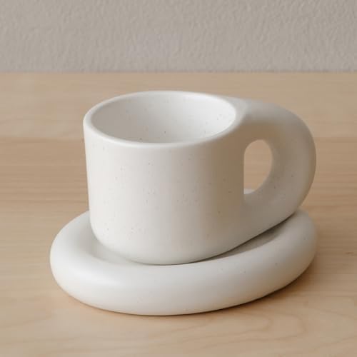 WENSHUO Ceramic Coffee Mug with Saucer, Cute Chubby Cup, 9 oz,Nacre White by WENSHUO