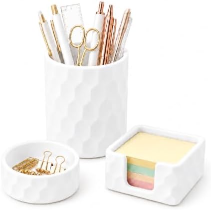 Aesthetic Geometric Silicone Desk Organizer Set of 3,Modern Office Desk Accessories with Round Pen Holder,Paperclip Tray,Sticky Note Holder,Stylish Functional Desk Decor for Home Office(White) by minimaliving