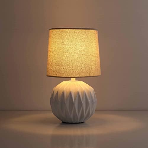 White Ceramic Table Lamp, Geometric Textured Small Bedside Lamp with Linen Shade, Mid Century Modern Nightstand Lamp for Bedroom Living Room Reading Room, H 12" x W 6.7", 7W LED Bulb Included - Image 3