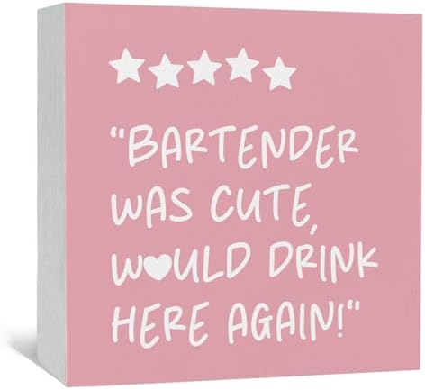 Pink Bar Cart Bartender Accessories Signs, Was Cute Would Drink Here Again Wooden Box Signs, Bar Decorations For Home, Pink Wood Sign Home Decor For Kitchen Desk Table Shelf 5x5 Inch by Nitelat