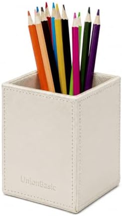 UnionBasic Square Pen Holder, Leather Pencil Cup, Desktop Caddy Stationery Organizer, Creamy White by UnionBasic