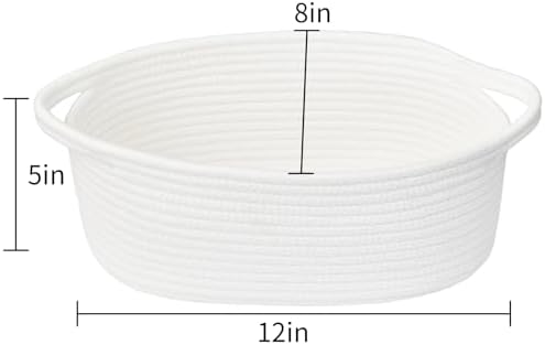 ABenkle Small Basket with Handles, Boho Decorative Rope Woven Dog Cat Toy Storage Bin Shelf Storage Organizer, Easter Christmas Gift Basket, 12"x8"x5", White - Image 2