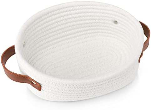 ABenkle Small Woven Basket, Mini Cotton Rope Storage Basket, Tiny White Easter Basket, Oval Decorative Toy Dog Cat Basket for Nursery, Empty Gift Baskets, 9.4" x 5.9" x 3.9" XS by ABenkle