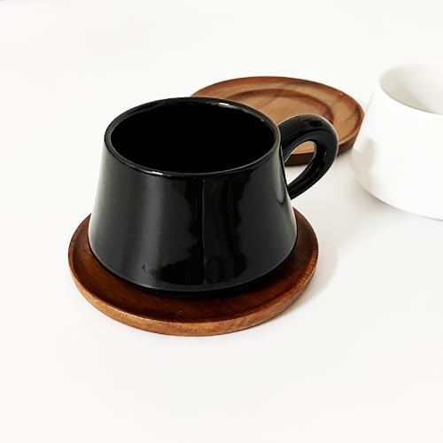 Black Cappuccino Mug and Wood Saucer - 7 oz Ceramic Coffee Cup with Saucer | Microwave Dishwasher Safe | For Tea, Espresso, Latte | Porcelain Cup Set for Kitchen Cafe | Great Gift - Image 2