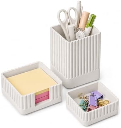 Aesthetic White Desk Organizer Set, Pen, Clip and Sticky Note Holder by Unknown