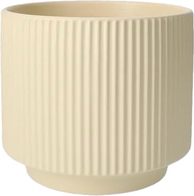 Modern Ceramic Plant Pot, Cream White, Ribbed Design, Cylindrical Shape, Decorative Planter Bowl for Indoor Plants by Unknown