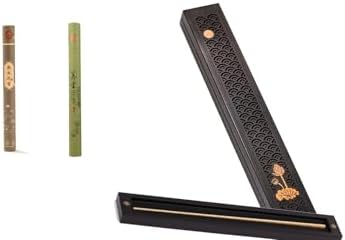 Chinese Incense Holder for Sticks with Ash Catcher - Wooden Incense Burner Box with Storage, Ceramic Lined, Anti-Ash, for Meditation, Yoga, Home Decor (Black - Lotus Flower) by AFENGAU