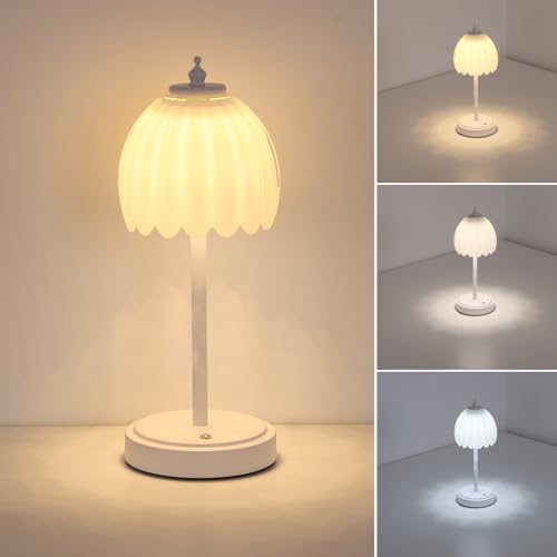 Shenmoyl Tulip Table Lamp with 5200mAh Battery & Touch Control, Cordless Small Table Lamp with 3 Colors, Dimmable Rechargeable Table Lamps for Living Room, Bedroom, Bedside (White Tulip & White Base) by Shenmoyl