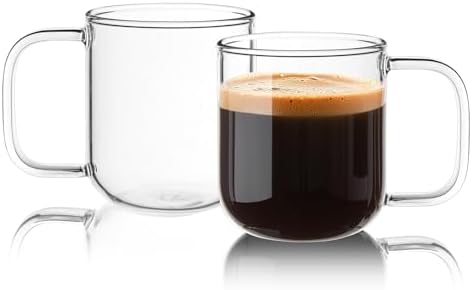 Glass Coffee Mugs, 8 oz iced coffee cups, Clear Tea Cups Set of 2, Glass Mugs with Handles, Glass Cups for Latte, Cappuccino, and Tea by BWODYAY