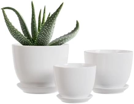 White Plant Pots,Ceramic Flower Pot Set of 3 with Drainage Holes & Saucers by Unknown