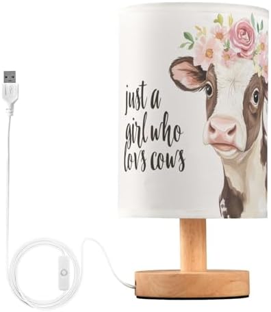 Fustylead Cow Lover Girl Quoted Floral Cows Bedside Table Lamps with USB Port for Bedroom LampSmall Nightstand Lamp Sturdy Linen Shade Wooden Base Decorative Lamps for Nursery Kids Reading Dorm Home by Fustylead