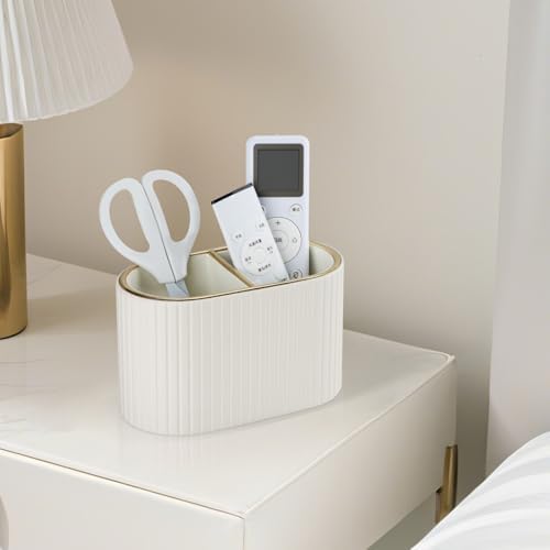 KINGFOM PU Leather Desk Organizer Pen Holder – Dual-Compartment Stylish Pencil Cup Remote Control Holder Desktop Supplies and Accessories Organizer Caddy for Office Home School (Light Beige) - Image 6