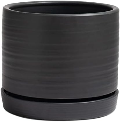 HERDUK 8 Inch Pots for Plants, Ceramic Planter Pot with Drainage Hole & Saucer, Indoor/Outdoor Cylinder Round Planter Pot, Matte Black by Herduk