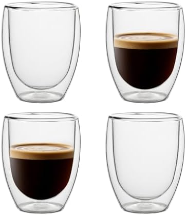 NIRA.Z 4 Pack 11.6oz/343ml Double Wall Glass Coffee Mugs, No Hole Bottom, Insulated Borosilicate Glass Coffee Cups, Clear Mugs for Hot & Cold Beverages, Perfect for Espresso, Latte, Tea, Cappuccino by NIRAZ