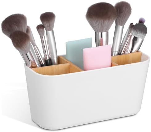 jojofuny White Bamboo Desk Organizer Box with Compartments for Office by jojofuny